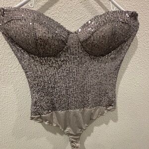 Lulu's Silver Sequin Strapless Bustier Bodysuit